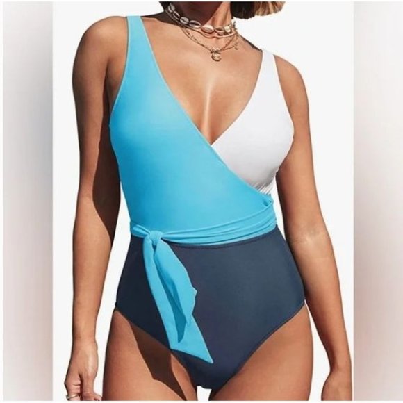 Cupshe Other - Cupshe Womens One Piece Blue White Colorblock Wrap Bow